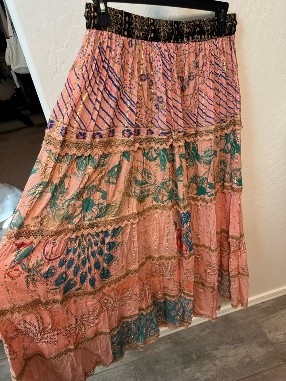 Bohemian Pink Floral Tiered Maxi Skirt with Teal Accents with Top